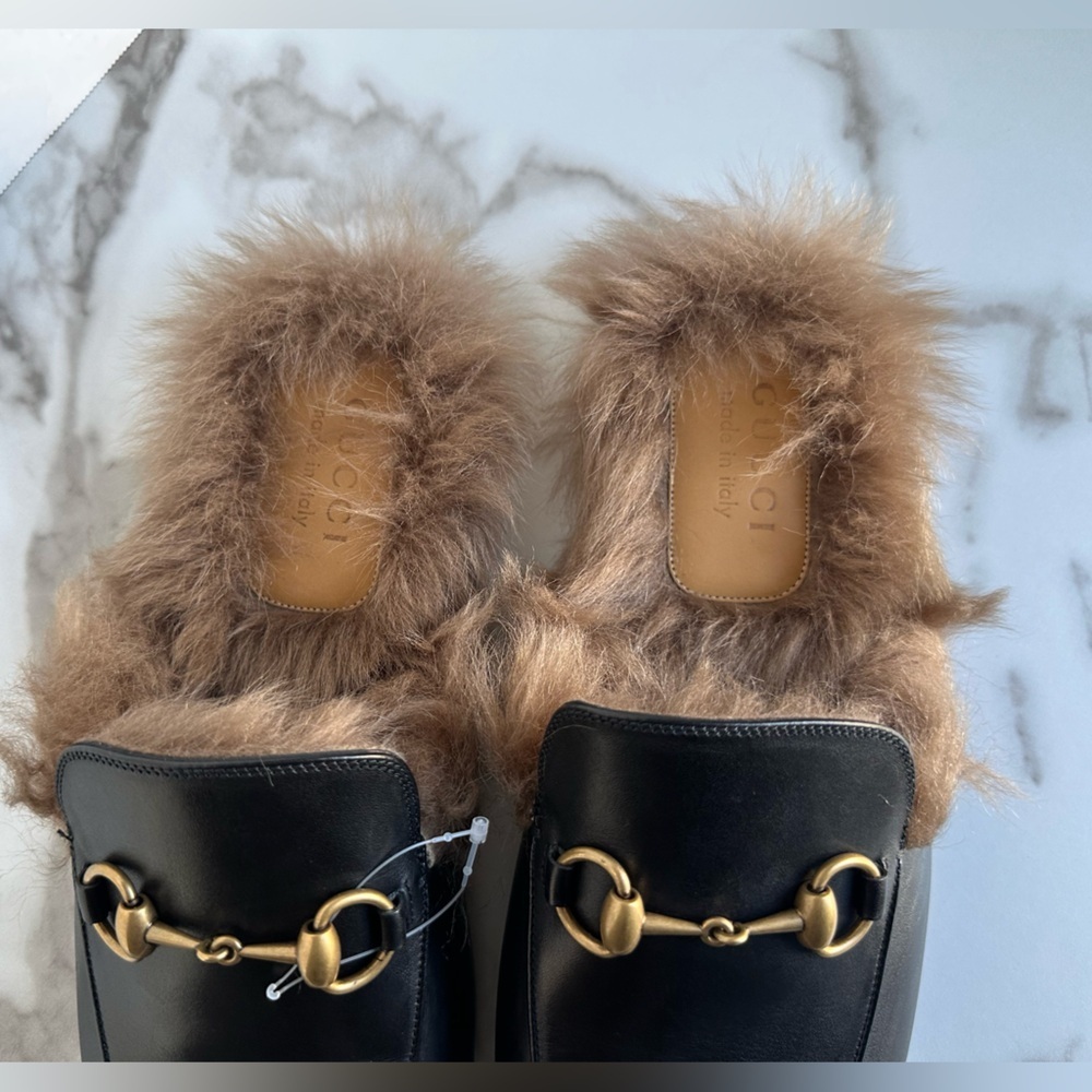 Gucci Princetown Black Leather Fur Loafer Slide Slip On Mule Slipper Flat 9 - Picture 3 of 14